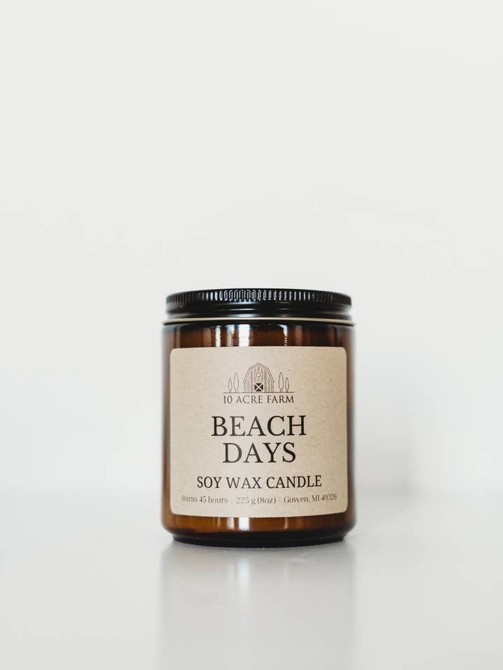 Beach Days 8oz Amber Glass Soy Candle for wholesale by 10 acre farm