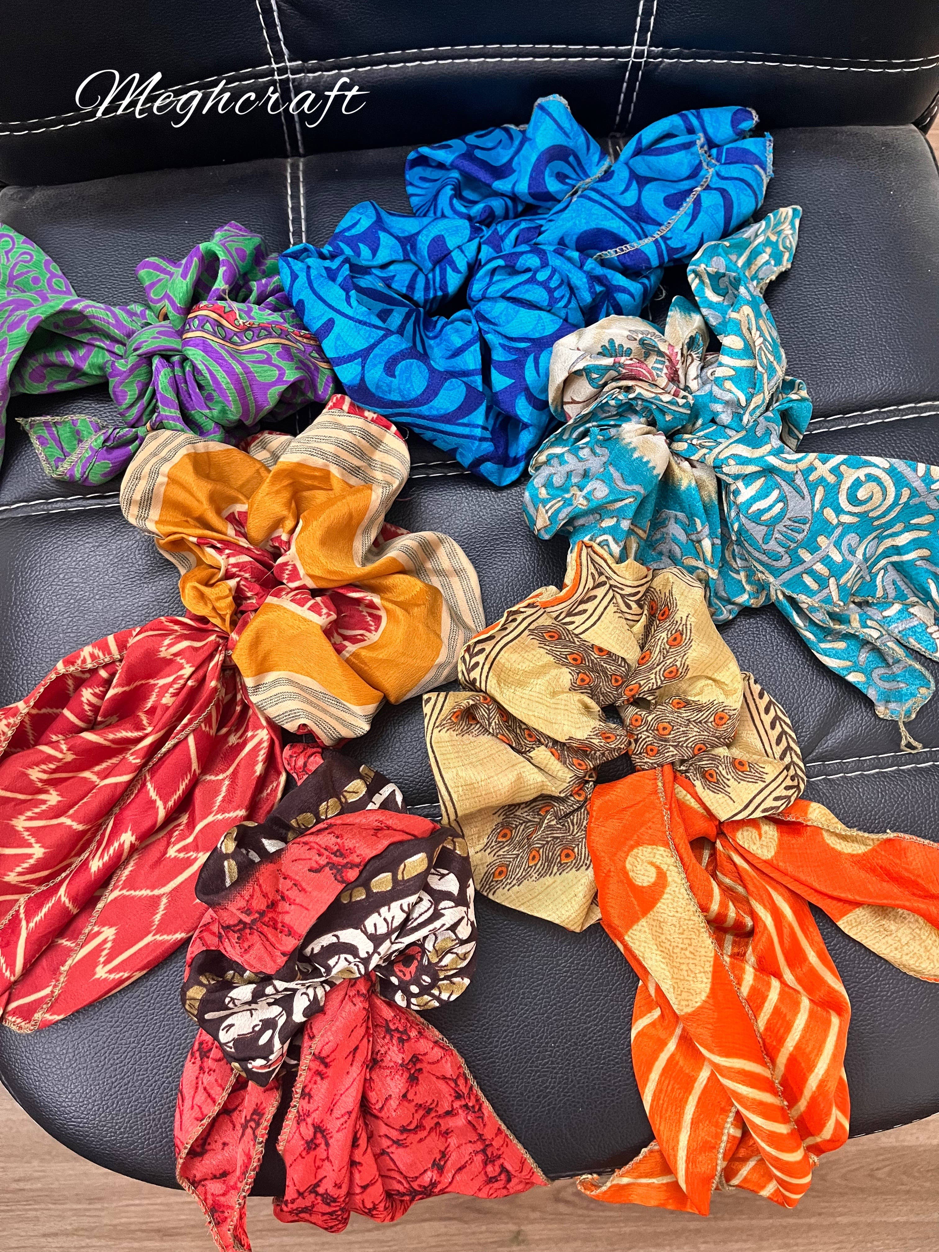 Meghcraft - Wholesale Scrunchie - Women's - Silk Scrunchies with Ribbon, Indian Vintage Recycled Sari1