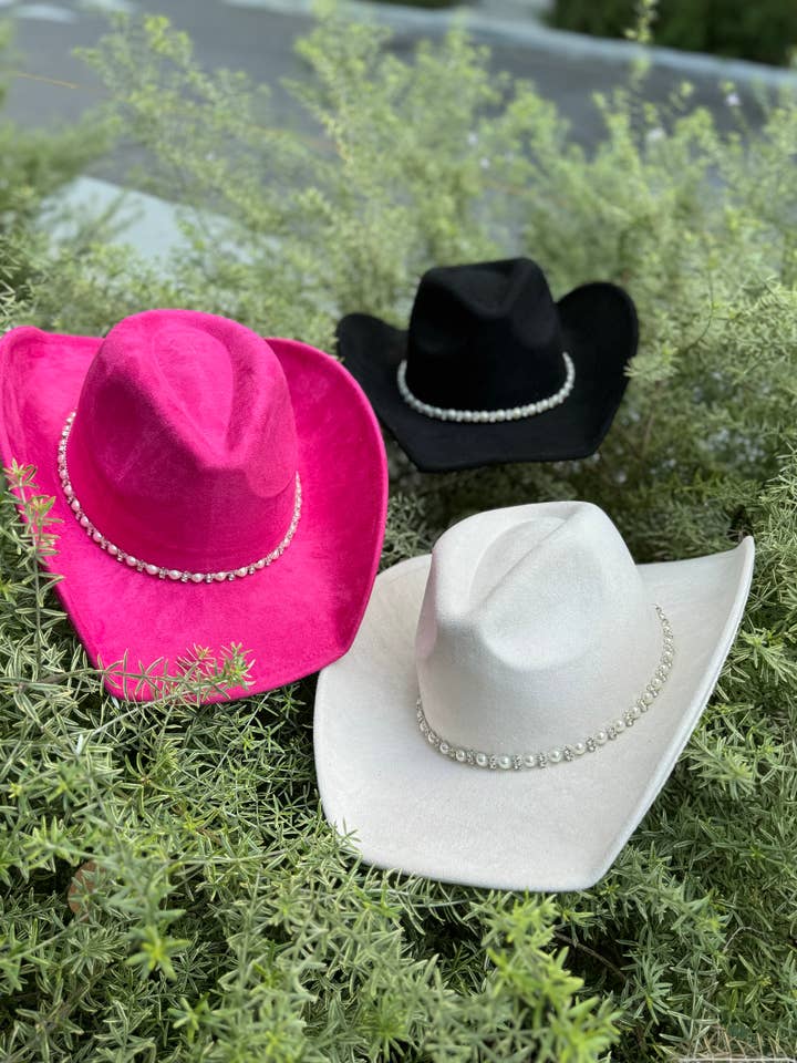 Vegan suede cowboy hat with pearl & rhinestone trim for wholesale by Love and Thyme