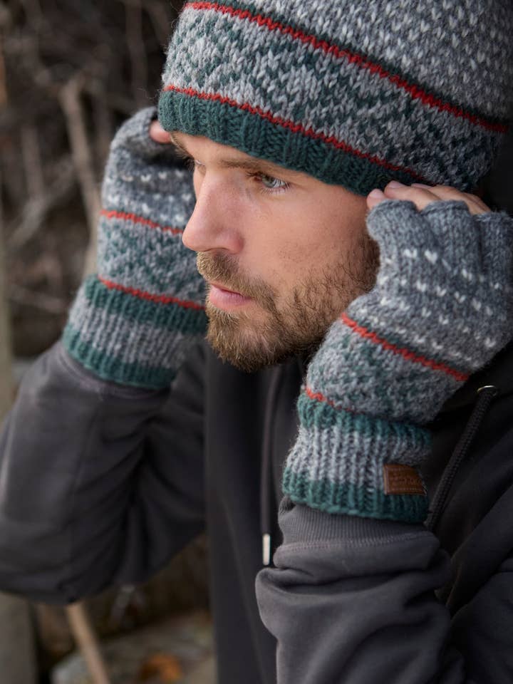 Men's Tromso Fair Isle Knit Wool Fingerless Gloves Red Grey for wholesale by Pachamama Ltd