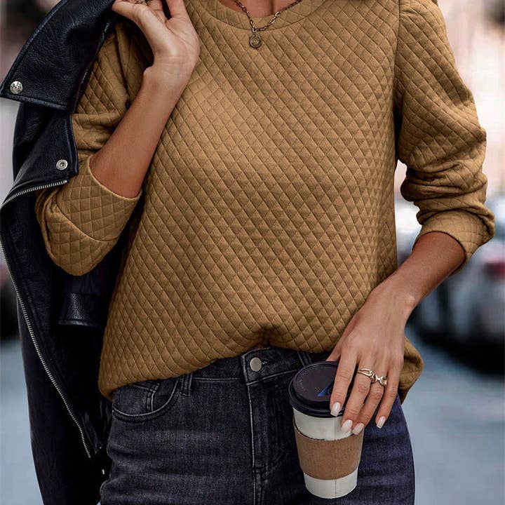 safistyle - Wholesale Sweatshirt - Women's - Plaid Round Neck Puff Sleeve Sweatshirt8