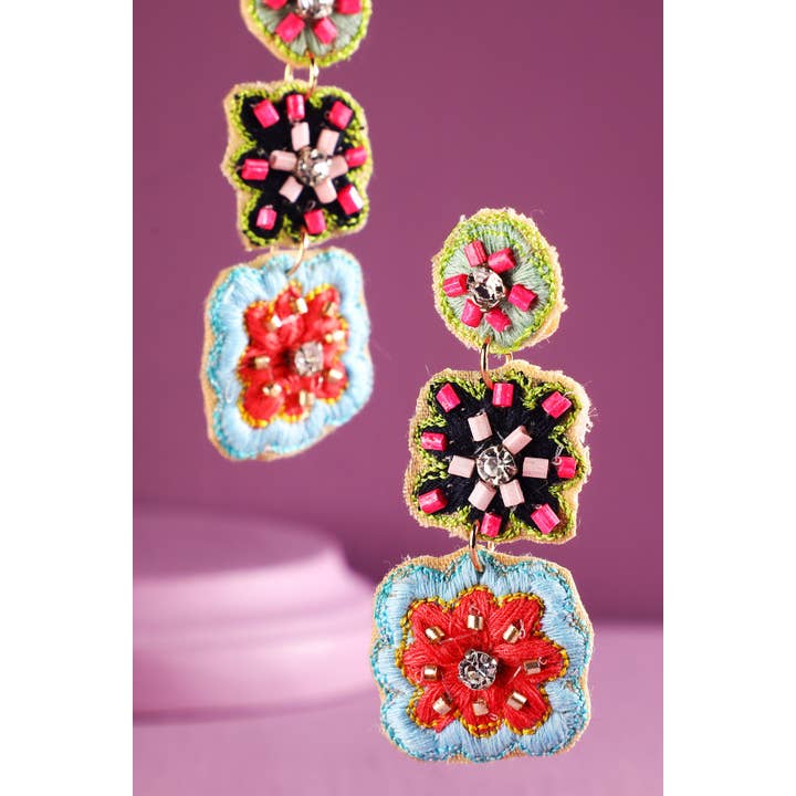 Urbanista - Wholesale Dangle Earrings - Hand Sewed Indian Flower Dangle Earrings
