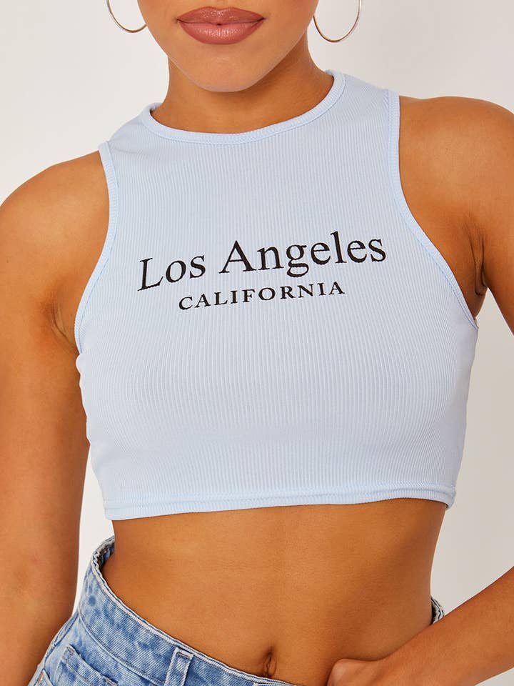 Stylewise Direct – wholesale Linne (Tryckt) - Dam – Los Angeles Ribbad Väst Crop Top