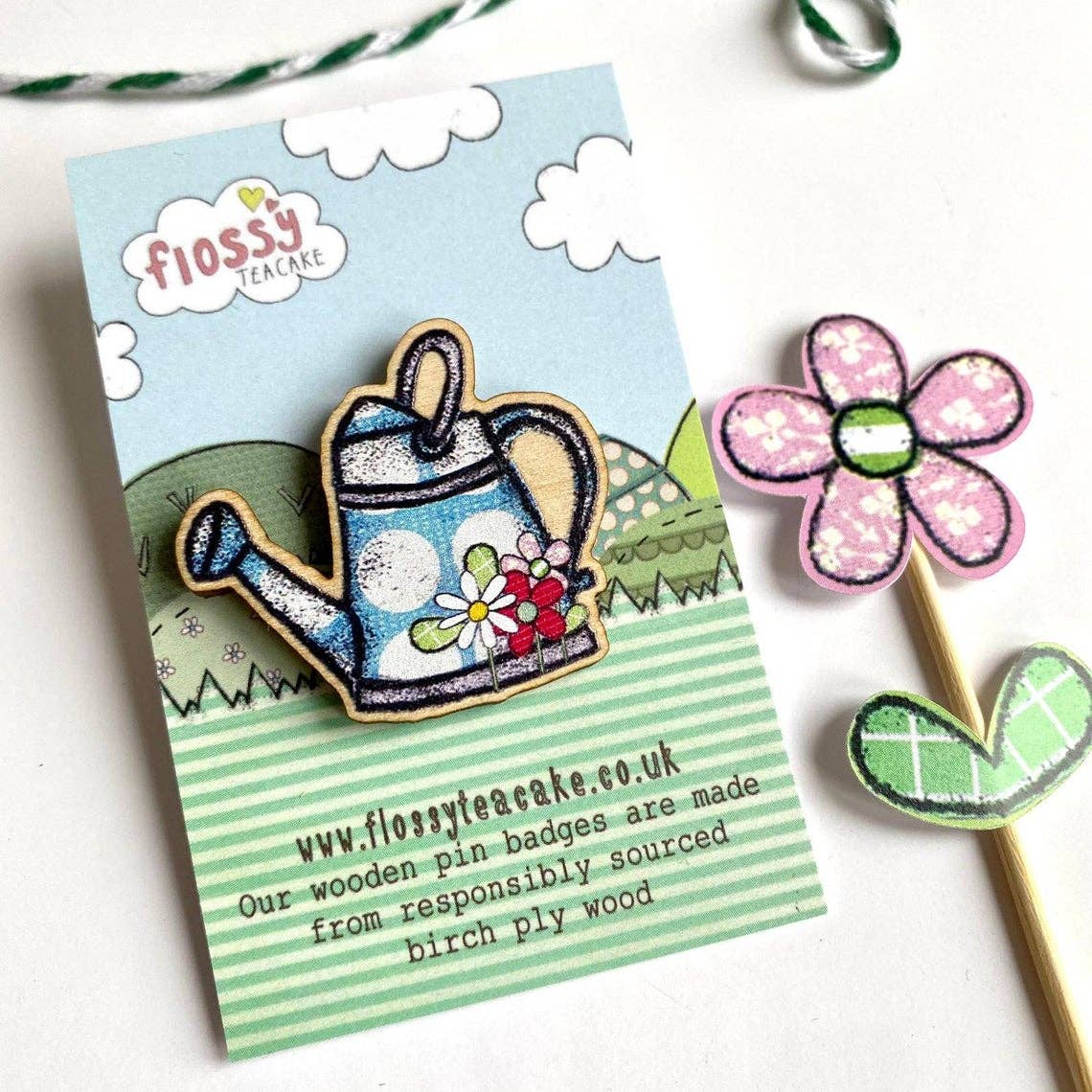 Flossy Teacake - Wholesale Brooch - Watering Can Wooden Pin Badge1