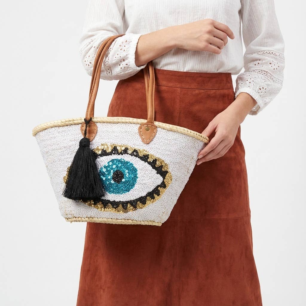 Melecraft - Vente Sac de plage - Sac fourre-tout en paille à sequins œil maléfique - Noir bohème plage13