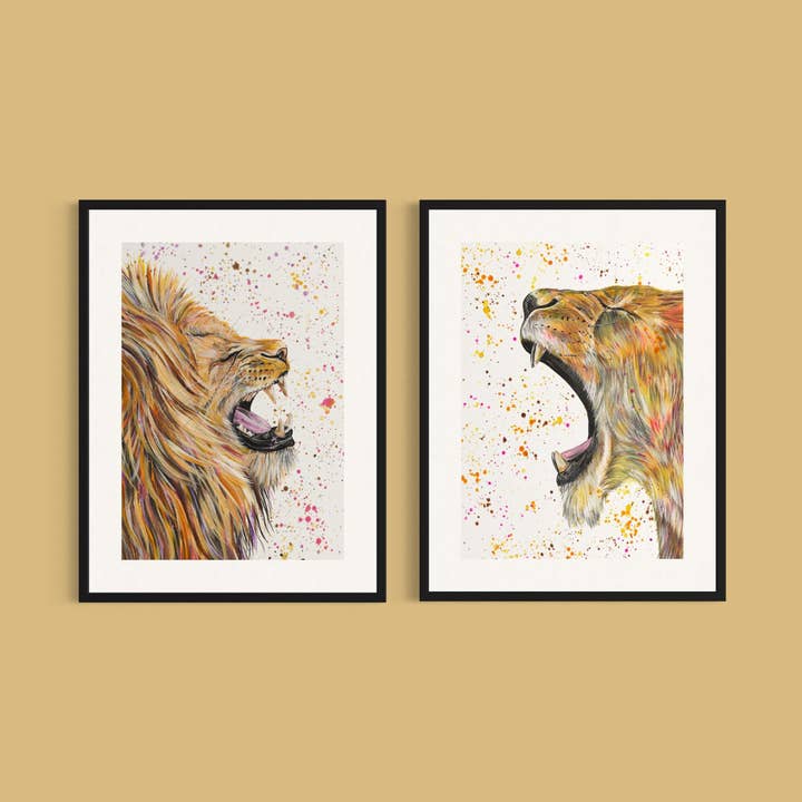 Lion Art Prints Set, His and Hers, Safari Wildlife Decor for wholesale by Emma LC Art