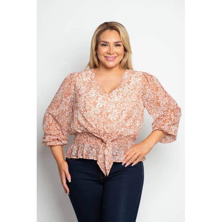 PLUS STØRRELSE BLOMSTRET V-HALS SMOCK TALJE BLUSE for engroshandel hos Curve Market