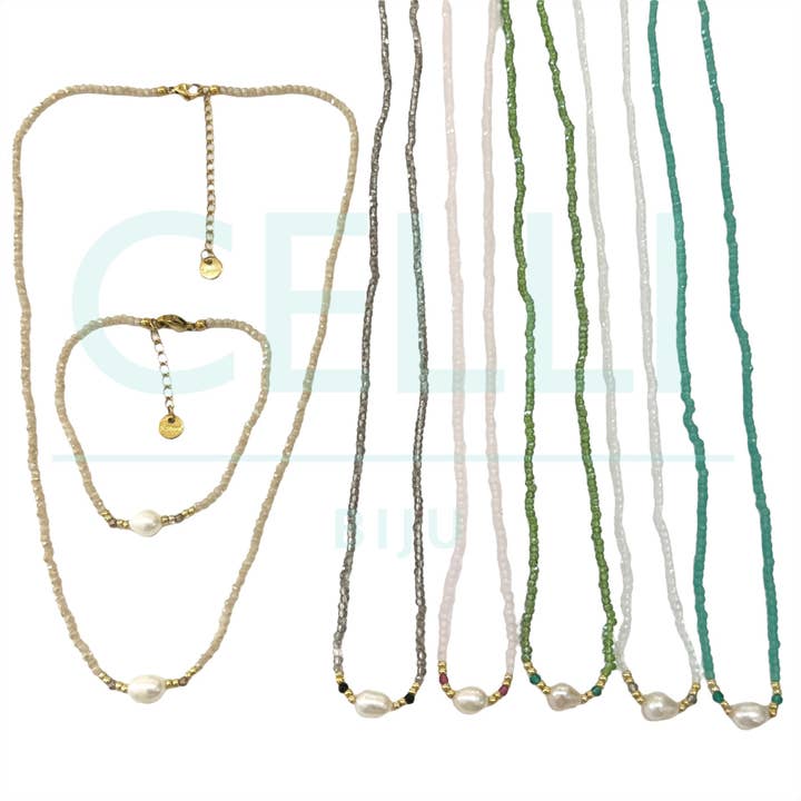 Steel Necklace / Bracelet with Freshwater Pearls and Faceted Crystals for wholesale by Celli Biju