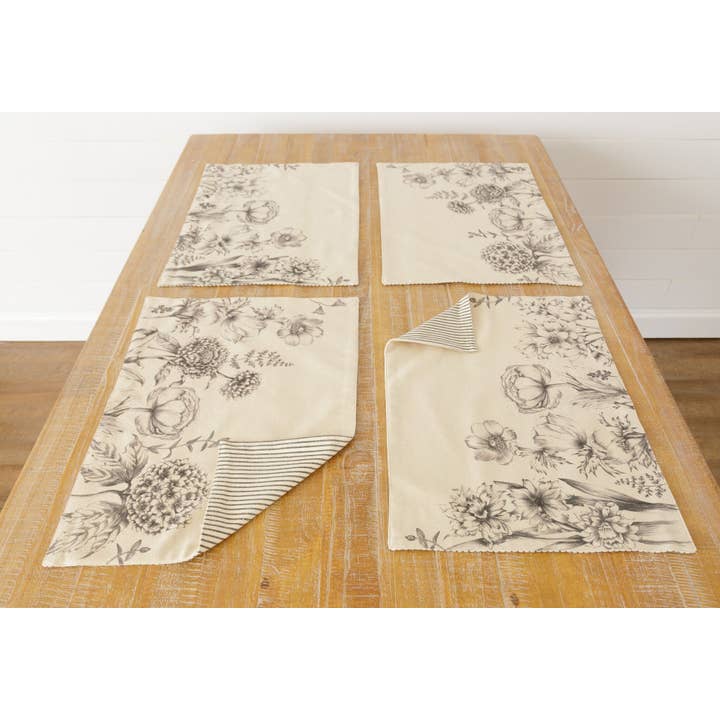 Audrey's Home & Gift - Wholesale Placemat - Reversible Placemat - Black And White Botanicals (Pk/04)