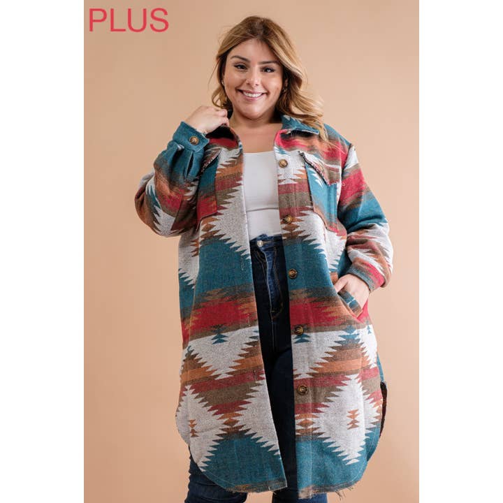 Sweet Generis - Wholesale Shirt Jacket/Shacket - Women's - PLUS LONG TRIBAL AZTEC BUTTON DOWN SHIRT JACKET SHACKET8