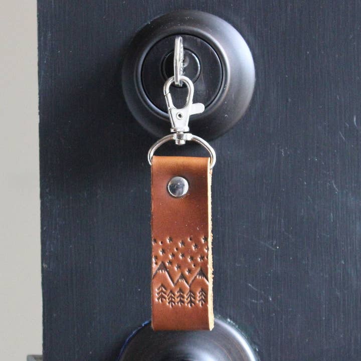Stars Mountains Trees Brown Leather Keychain Handmade In Usa Key Ring Me Nh Vt for wholesale by Mermaid and Sailor
