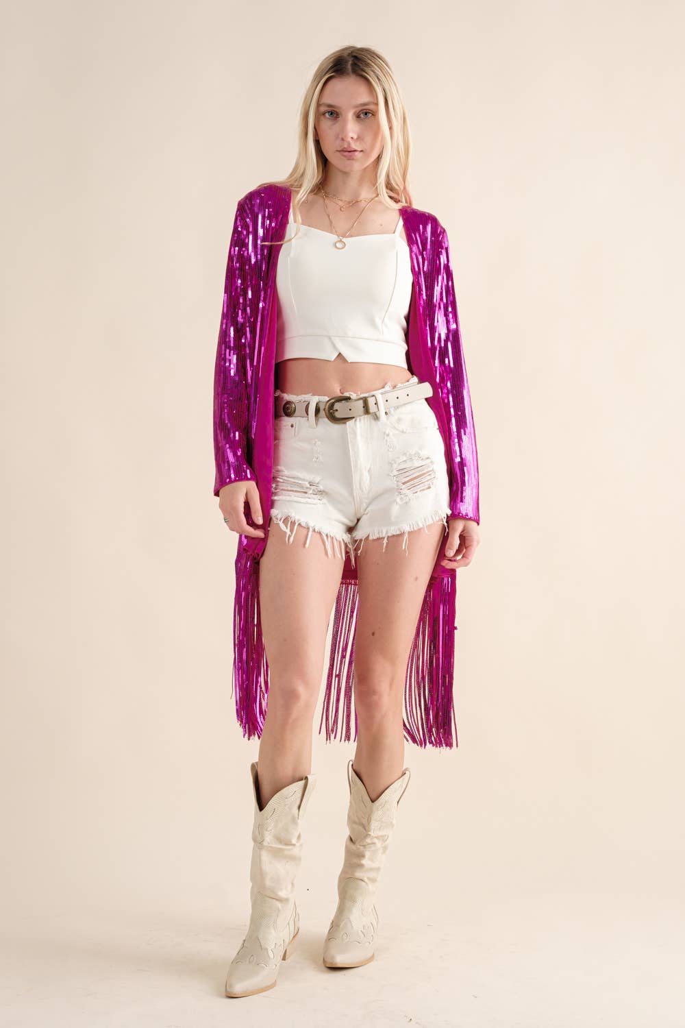 HOT PINK 32736J - Sequin Fringe Star Back Open Cardigan for wholesale on Faire3