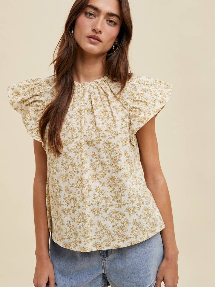 FLORAL RUFFLE SLEEVE BLOUSE / WL24-9821 for wholesale by Wishlist Apparel