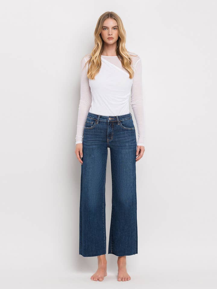 TUMMY CONTROL MID RISE DARK WASH WIDE LEG JEANS LV1311 for wholesale by Lovervet by VERVET