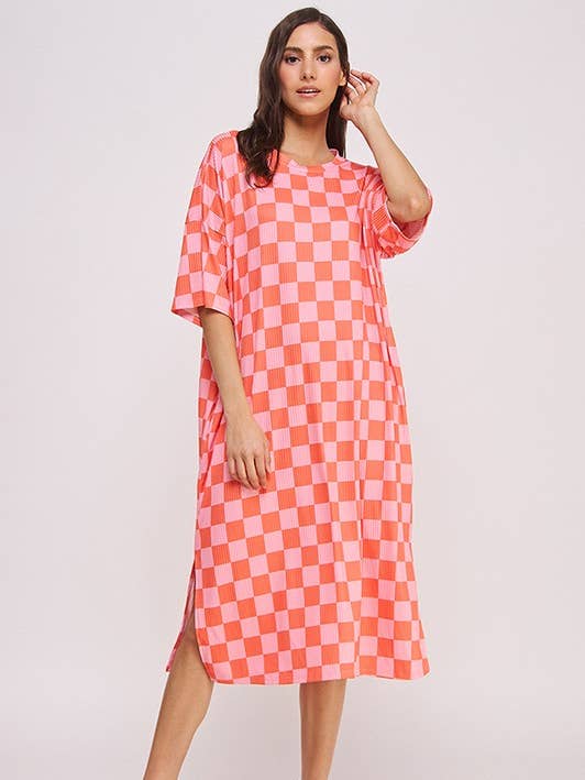 JADE BY JANE - Wholesale Dress - Women's - 1/2 SLEEVE RIBBED CHECKERBOARD MIDI DRESS