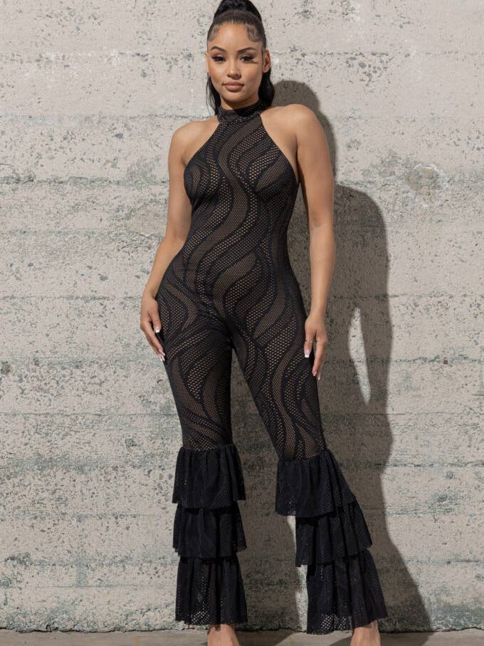 LACEY CUT PATTERN STRETCHY JERSEY JUMPSUIT for wholesale by Melrose with Love