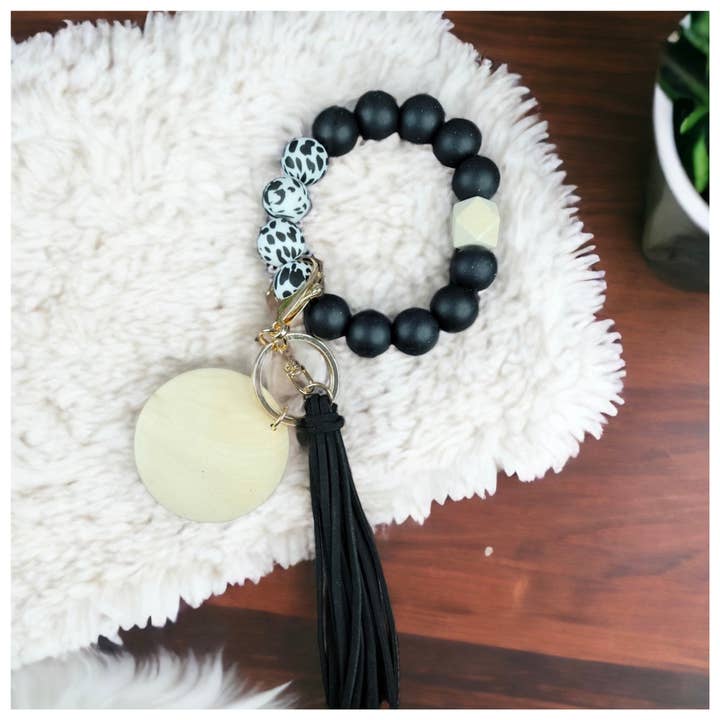 Silicone Leopard bead keychain bracelets with 2" light wood for wholesale by ACC Sublimation Blanks