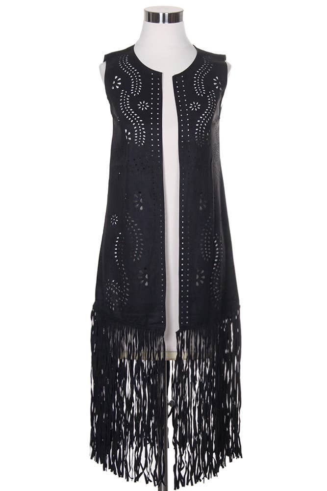 Hana - Venta al por mayor Chaleco de abrigo - Mujer - Chaleco de gamuza cortado con láser con estampado de hojas geométricas1