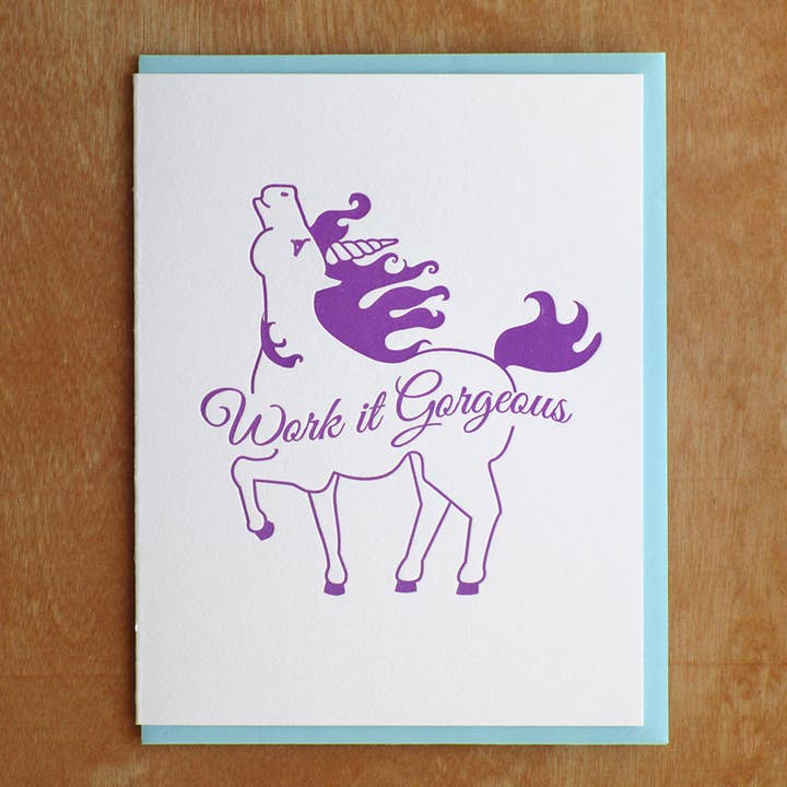 Work It Gorgeous Unicorn Greeting Card for wholesale by McBitterson's