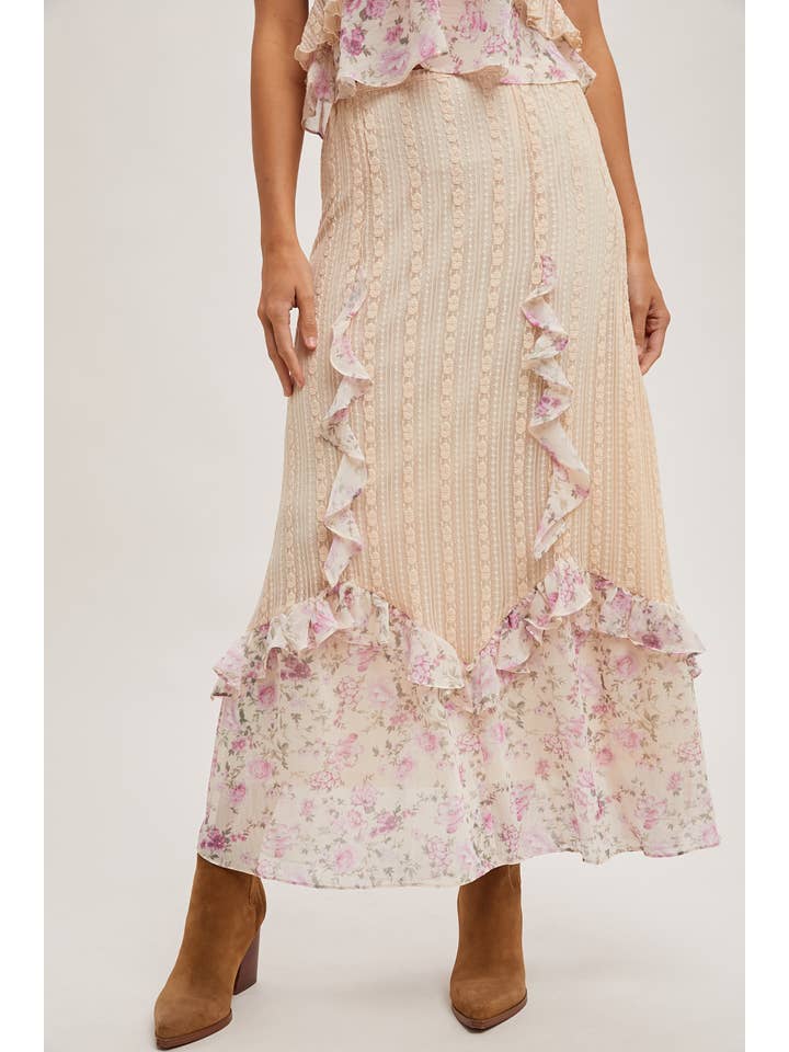 Bluivy - Wholesale Skirt - Women's - FLORAL PRINT TRIMMED MAXI LACE SKIRT WITH LINING