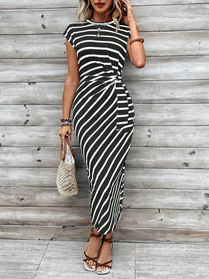 HIDDENBRAND - Wholesale Dress - Women's - Elegant Waist Tie Striped Crew Neck Maxi Dress