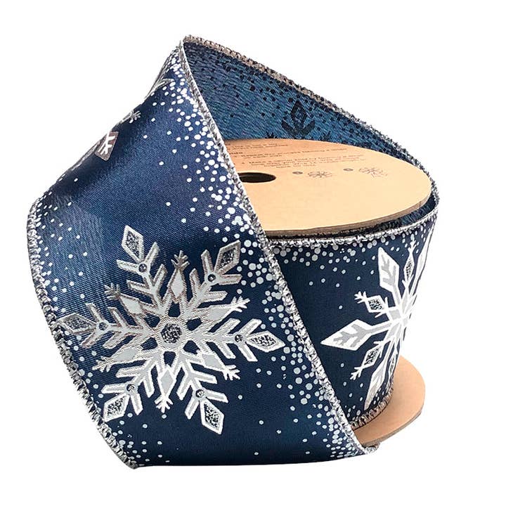 LA Ribbons Wholesale - Wholesale Ribbon - Gift Wrapping - 2 1/2" Wired Ribbon | "Glitter Snowflake" Navy/Silver