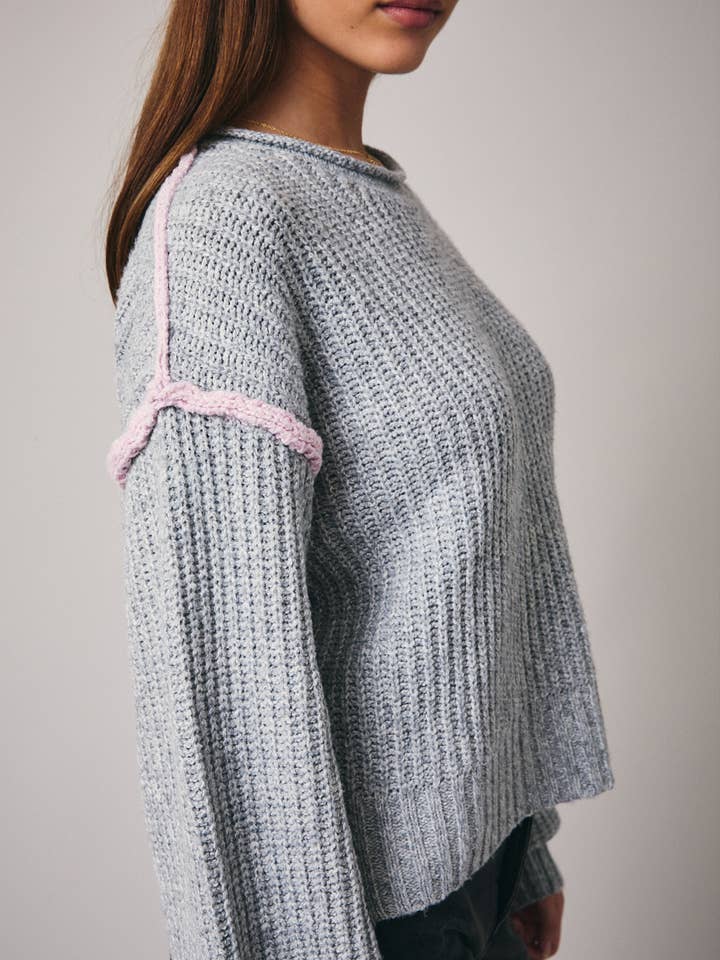 H GREY ROUND ROLL UP NECK LONG SLEEVE SLOUCHY FIT SWEATER for wholesale on Faire5