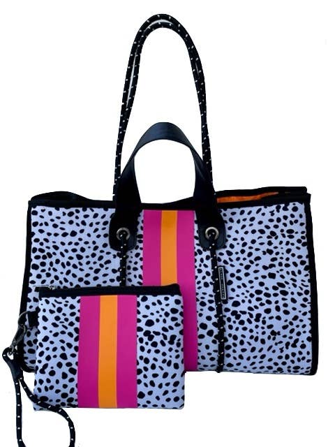 Neopren-Tasche mit Doppelgriff — Schwarz/Weiß gepunktet — Rosa/Orange für den Großhandel von Lolly Luella