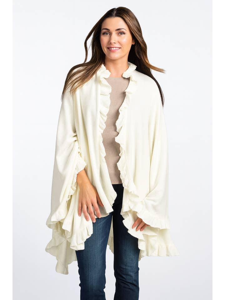 Fennco Styles - Wholesale Poncho - Women's - Ivory Trim Knit Open Front Warm Poncho Cape