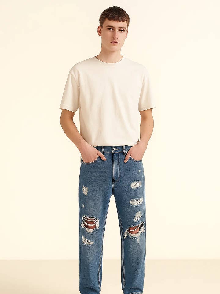 Vaqueros boyfriend de talle alto desgastados para hombre ZMBD14 para venta al por mayor de Zovater Incorporation