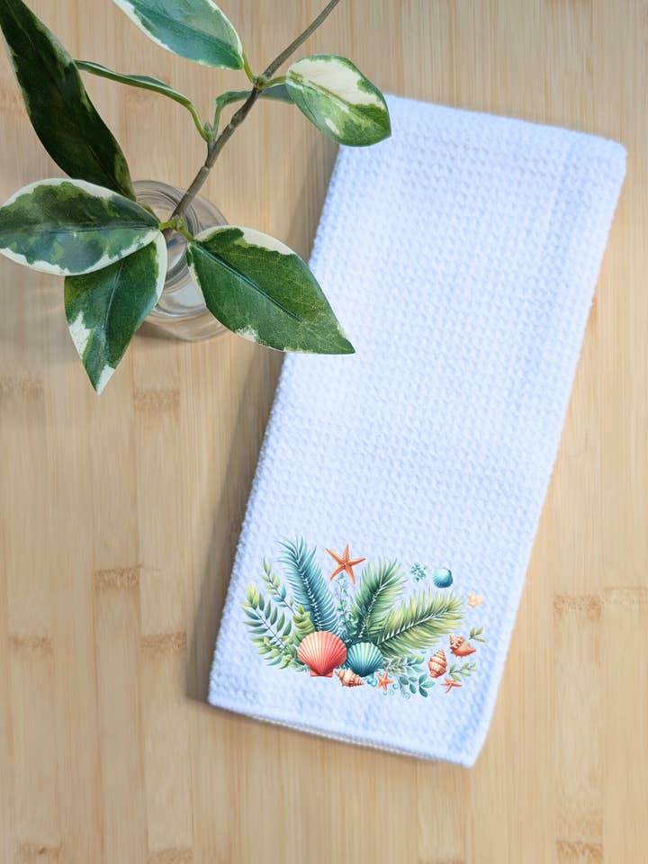 Tea Towel Waffle Fabric Kitchen Beach Palm Shells 16" x 24" for wholesale by Creations by Terra