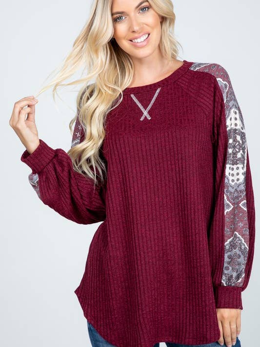 Maglione a Coste con Stampa Paisley e Contrasto - Taglia Corpo Missy per la vendita all'ingrosso da parte di Rose Mellow Fashion