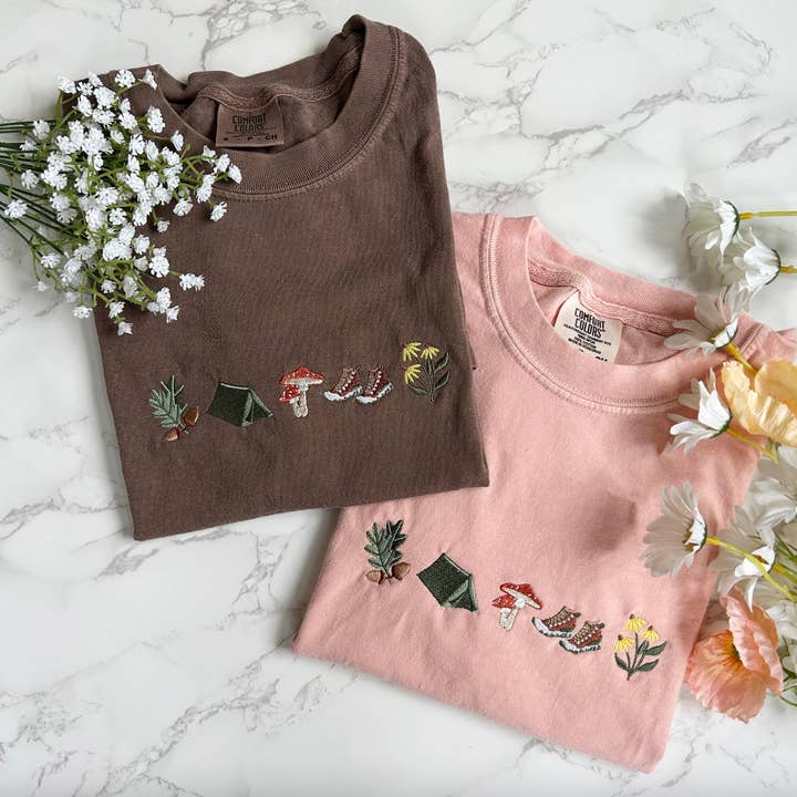Embroidered Camping Mushroom Outdoorsy Plant Tshirt for wholesale by Plantiful Design Co