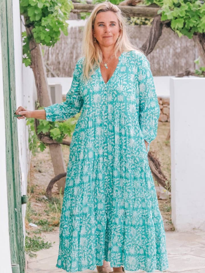 Vestido Hawa mahal kaftan em verde turquesa Formentera por atacado de Aurobelle Ibiza