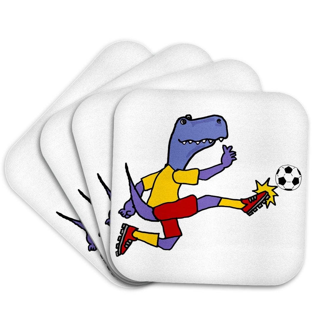 3dRose - Wholesale Coasters - 3dRose, Cute funny T-rex Dinosaur Playing Soccer Kicking Ball Cartoon Sports, Coaster7