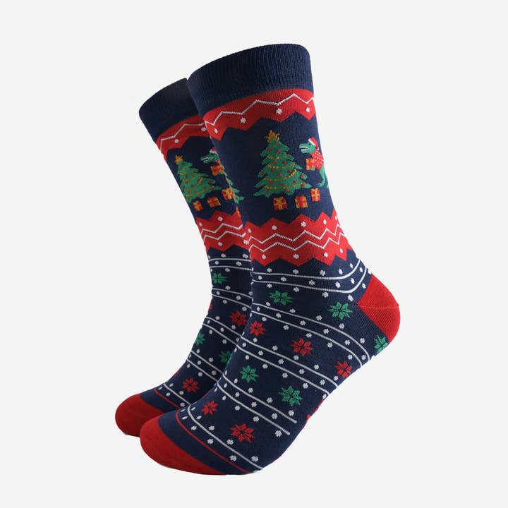 Sock Talk – Meias - Homem por atacado – Meias masculinas de bambu azul-marinho/vermelho com dinossauro T-Rex e árvore de Natal