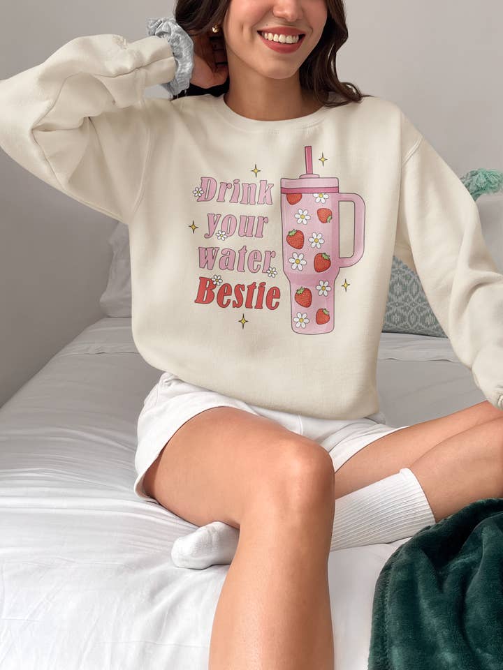 Strawberry Drink Your Water Bestie Crewneck for wholesale by YellowBridge