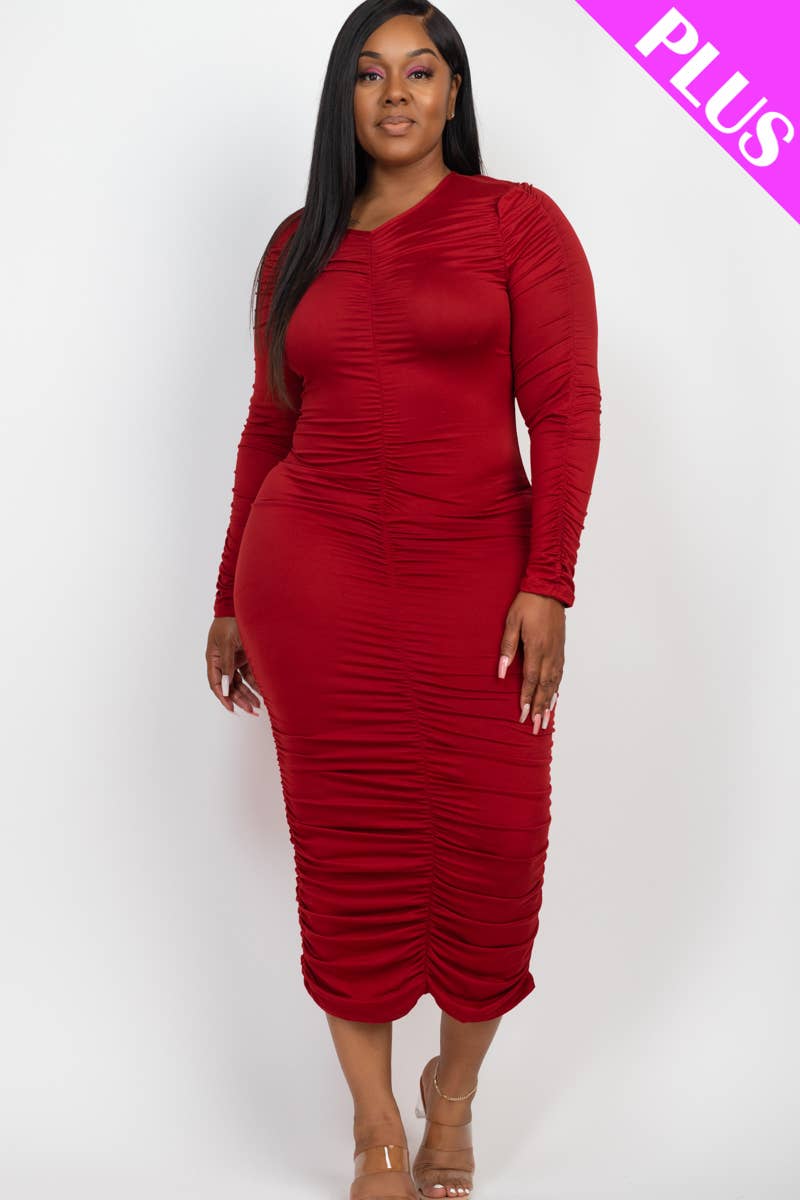 CAPELLA APPAREL - Wholesale Dress - Women's - Plus Size Ruched Long Sleeve Midi Dress12