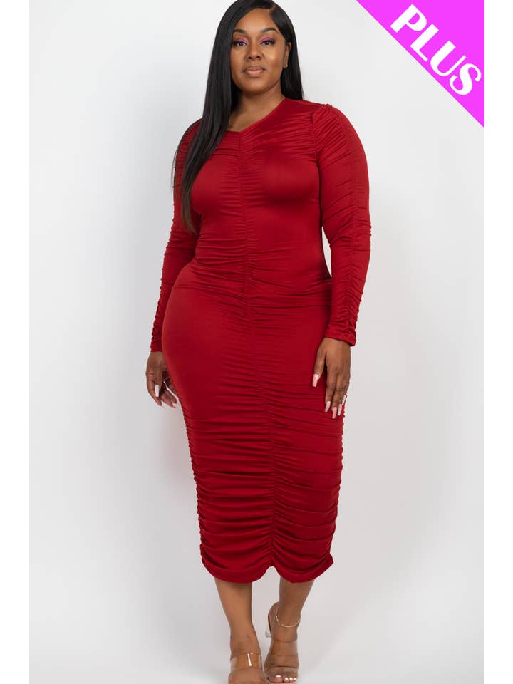 CAPELLA APPAREL - Wholesale Dress - Women's - Plus Size Ruched Long Sleeve Midi Dress12