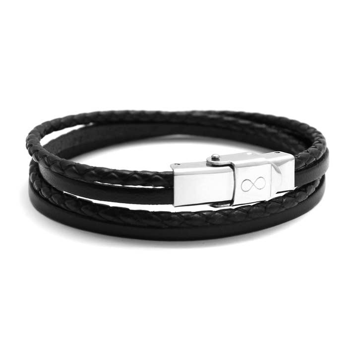 Black Leather Double Wrap Steel Child Bracelet Infinity Engraving for wholesale by Petits Trésors