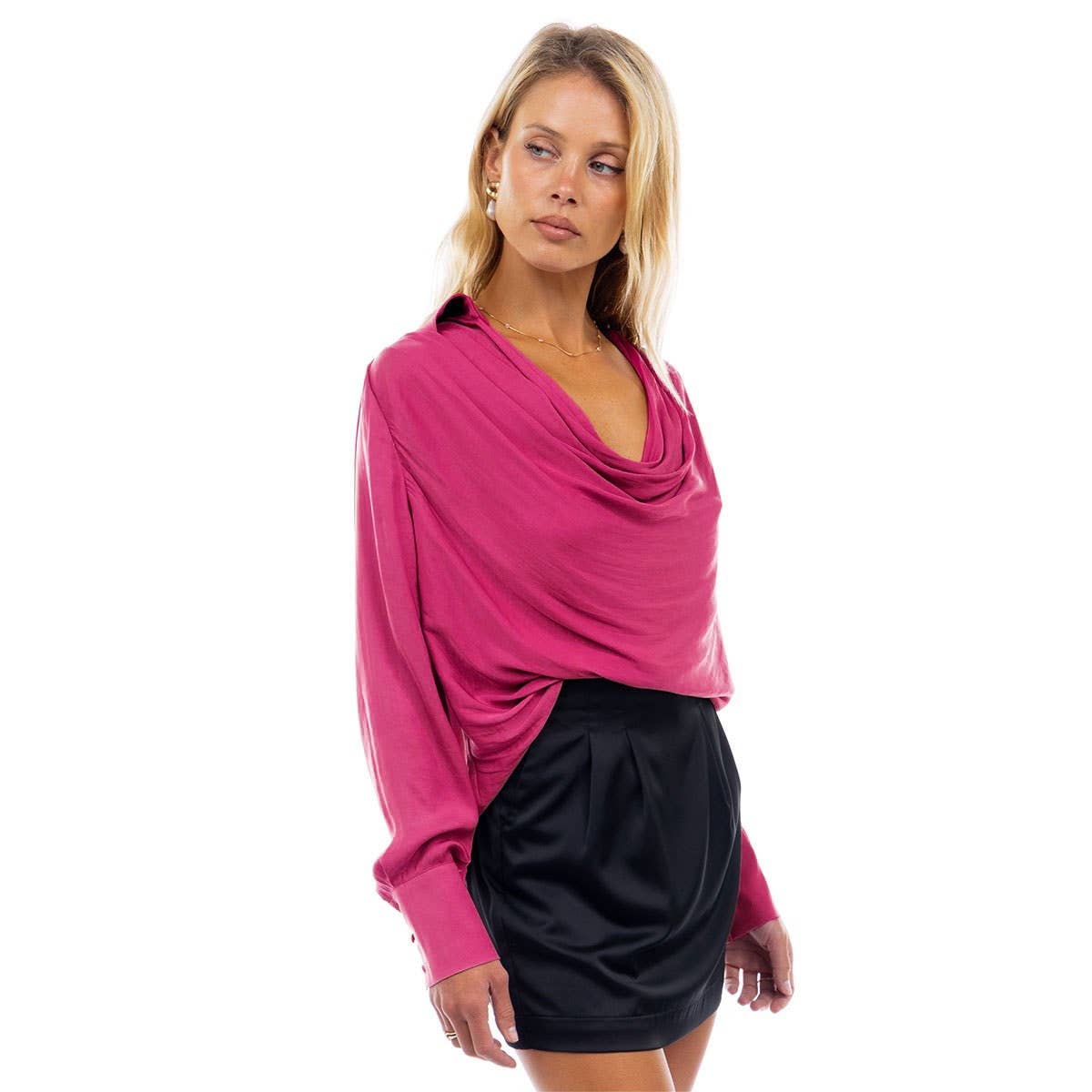 Naked Zebra - Wholesale Blouse - Women's - Draped Cowl Neck Blouse With Buttoned Cuffs5