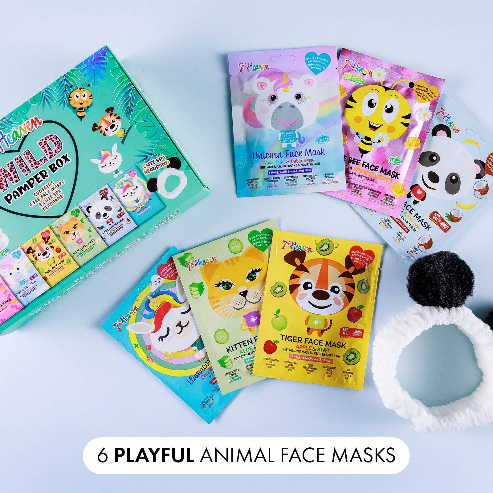 Beauty Goddess – wholesale Skincare face mask – 7th Heaven Go Wild Pamper Box Skincare Gift Set - 6 Printed Animal Face Masks and 1 Panda Headband Childrens Gift10