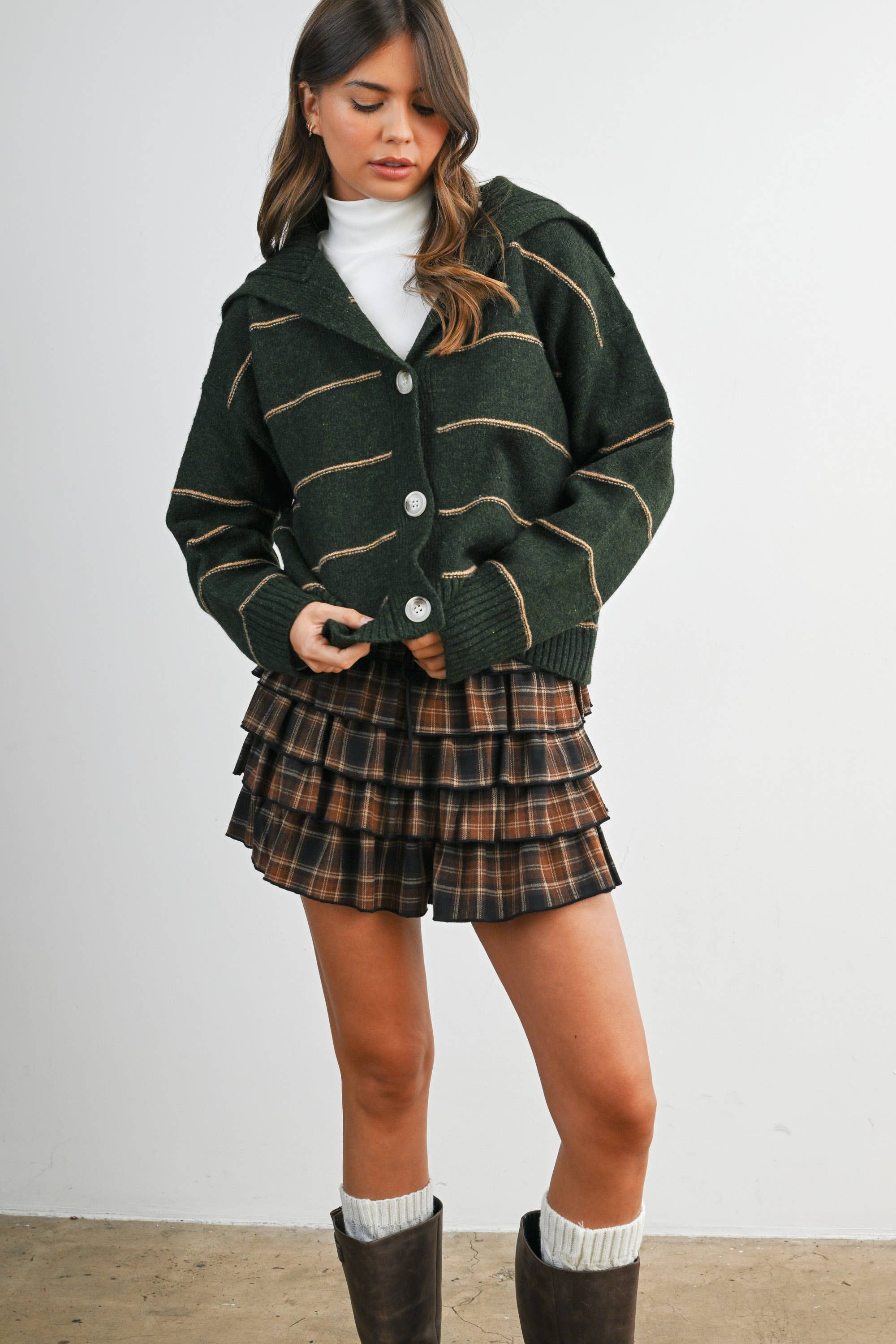 BUTTERMELON - Wholesale Knit Sweater - Women's - Button-Up Striped Collared Long Sleeve Top - BMC788343