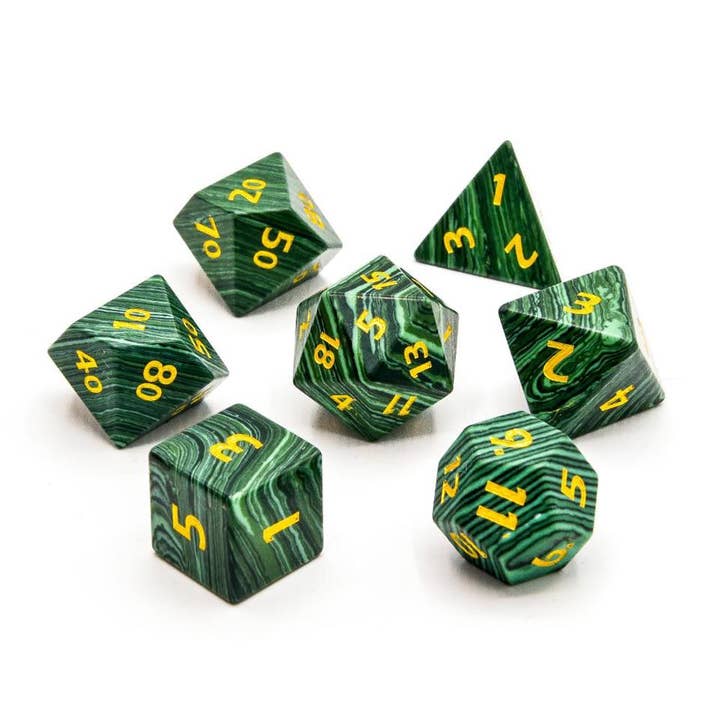 Malachite | Natural Gemstone Dice | 7-Polyhedral Set for wholesale by Tabletop Dominion Limited