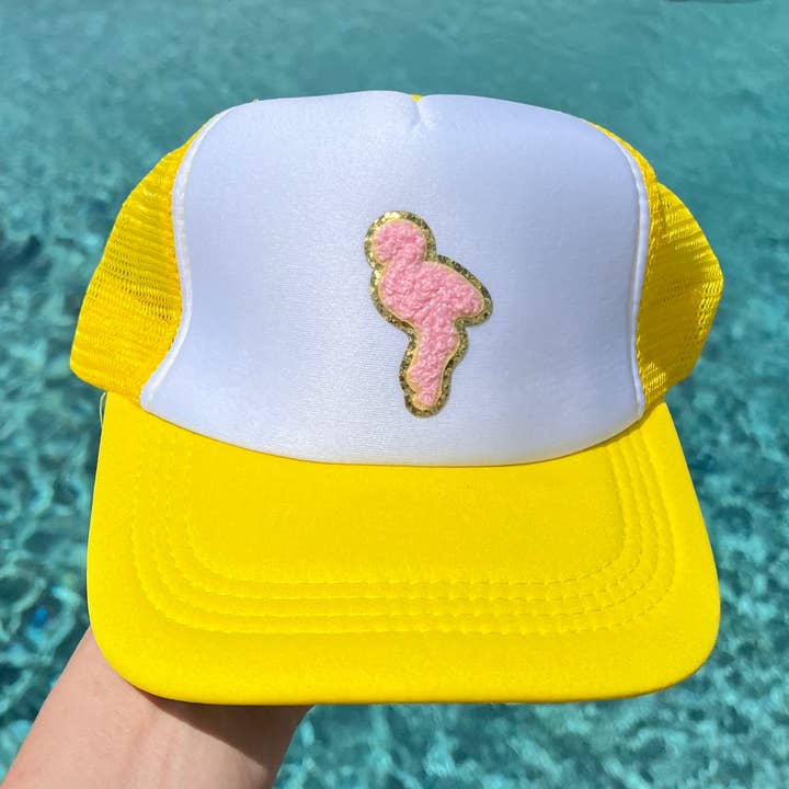 Pink Flamingo Chenille Patch Yellow adjustable Truckers Hat for wholesale by Dilworth Road