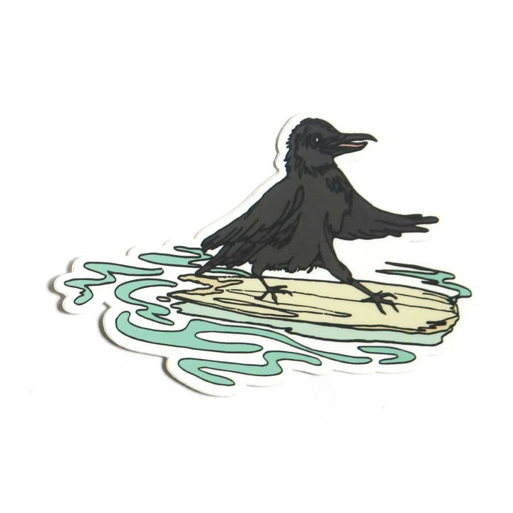 Surfing Crow Sticker for engroshandel hos Wild Life Illustration Co.
