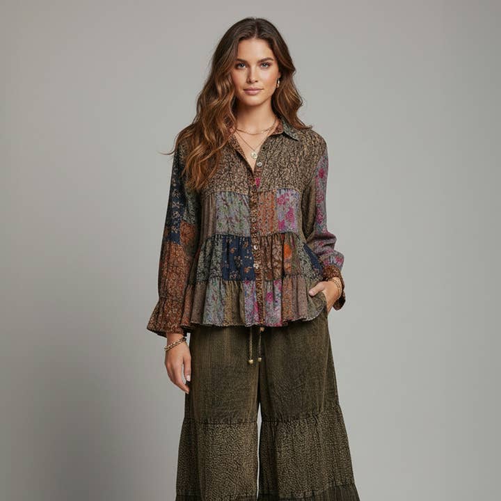 Artisan Boho Front-Open Shirt & Patch Pants - SOLD AS SET for wholesale by Young Threads
