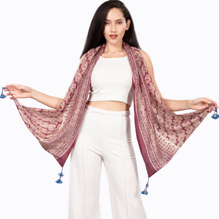 Sevya Handmade - Wholesale Scarf - Women's - Up-Cycled Silk Sari Tassel Scarves9