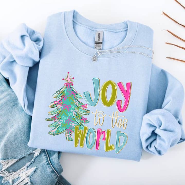 Joy To The World Bright Women's Christmas Sweatshirt, Bright for wholesale by Posh Magnolia Boutique