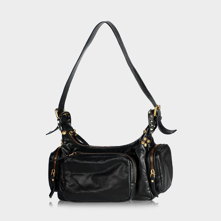 Studded Top-Grain Leather Crossbody Bowling Bag-Black for wholesale by WANACCESSORY